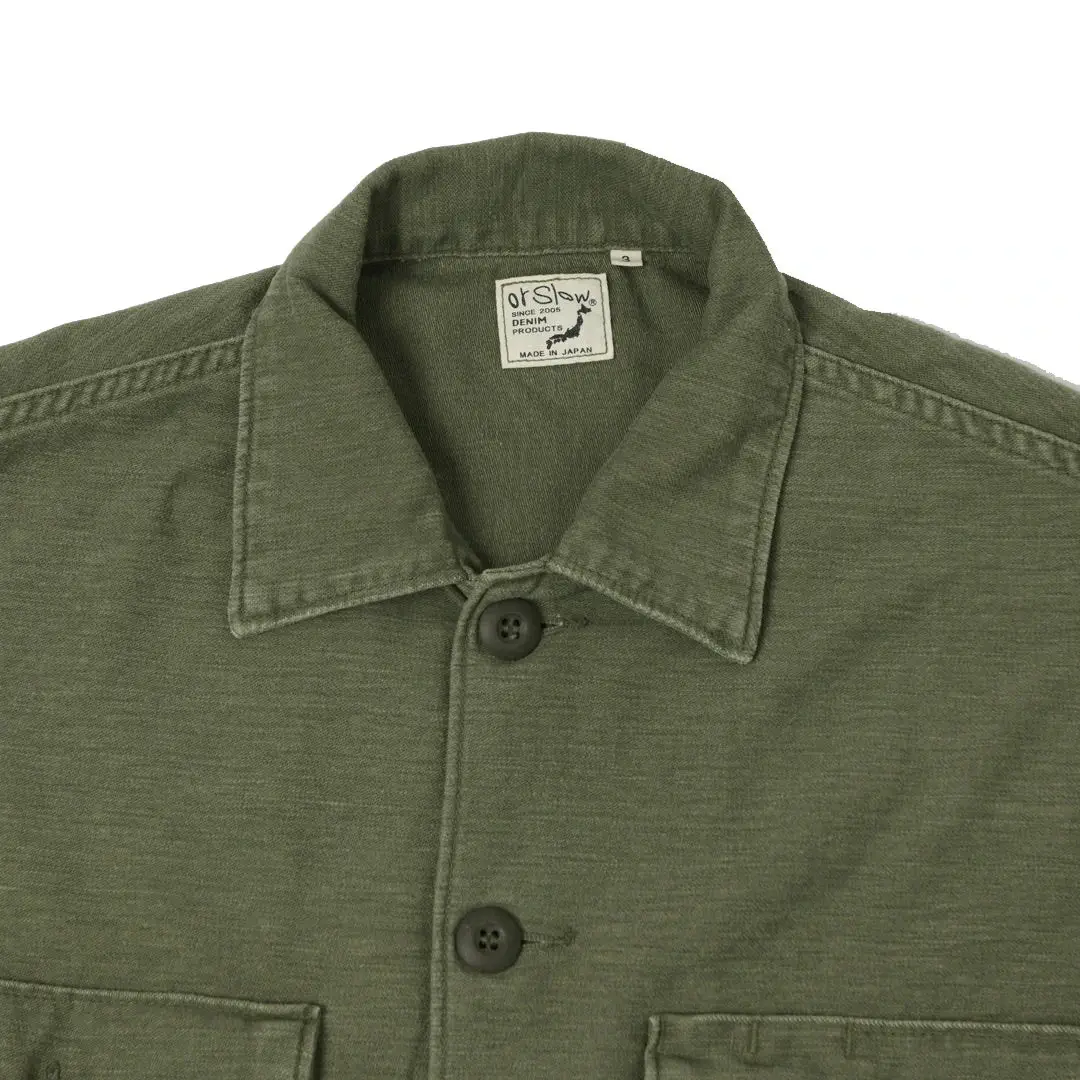 orSlow Contrast Pocket Sateen Overshirt - Olive Stone Front Zoom