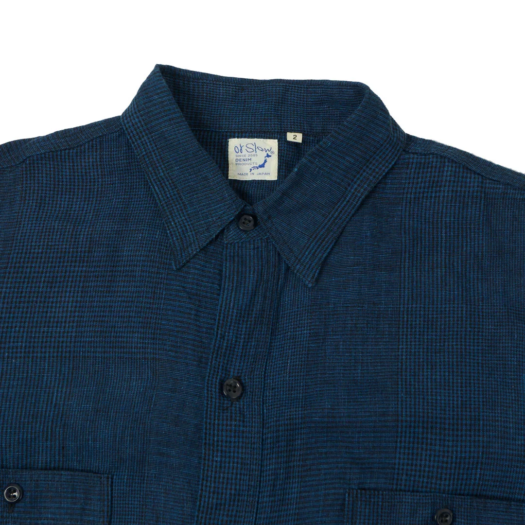 orSlow Linen Poplin Check Work Shirt - Indigo Front Zoom