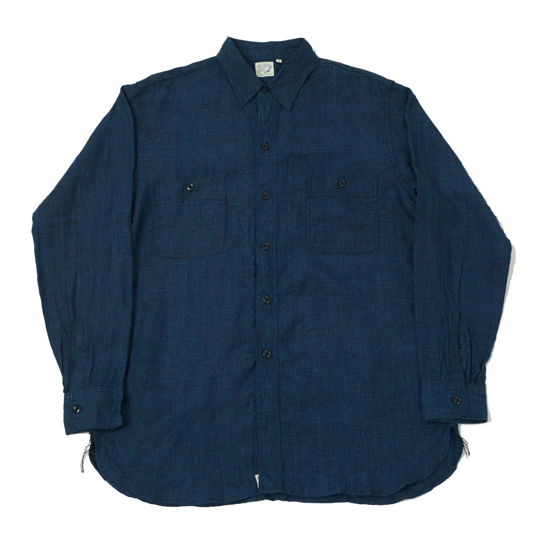 orSlow Linen Poplin Check Work Shirt - Indigo Front