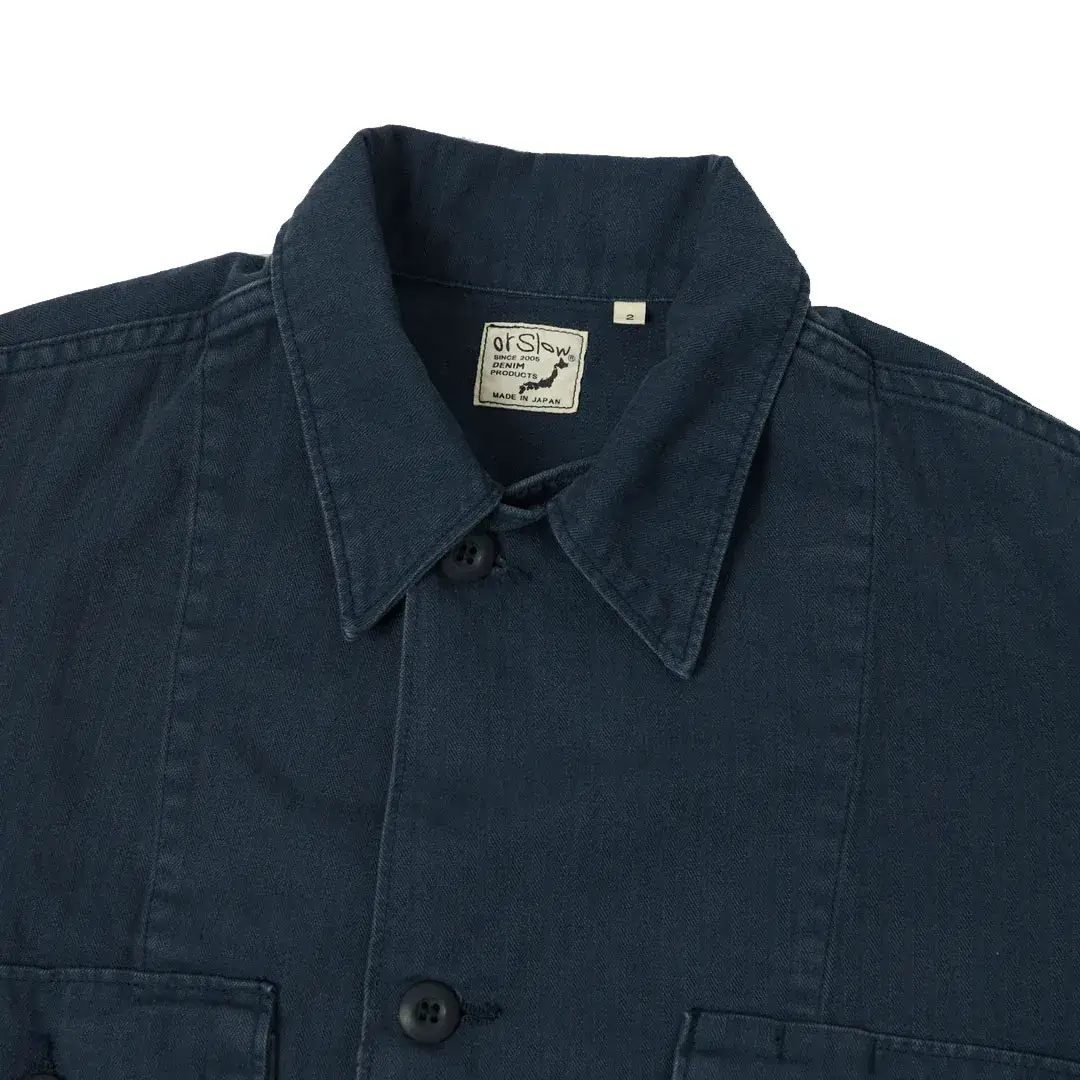 orSlow Herringbone Twill Contrast Pocket Overshirt - Navy Front Main