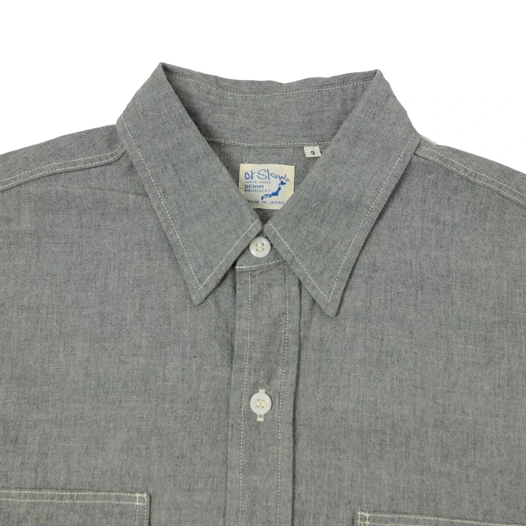 orSlow Short Sleeve Chambray Work Shirt - Grey Front Upper