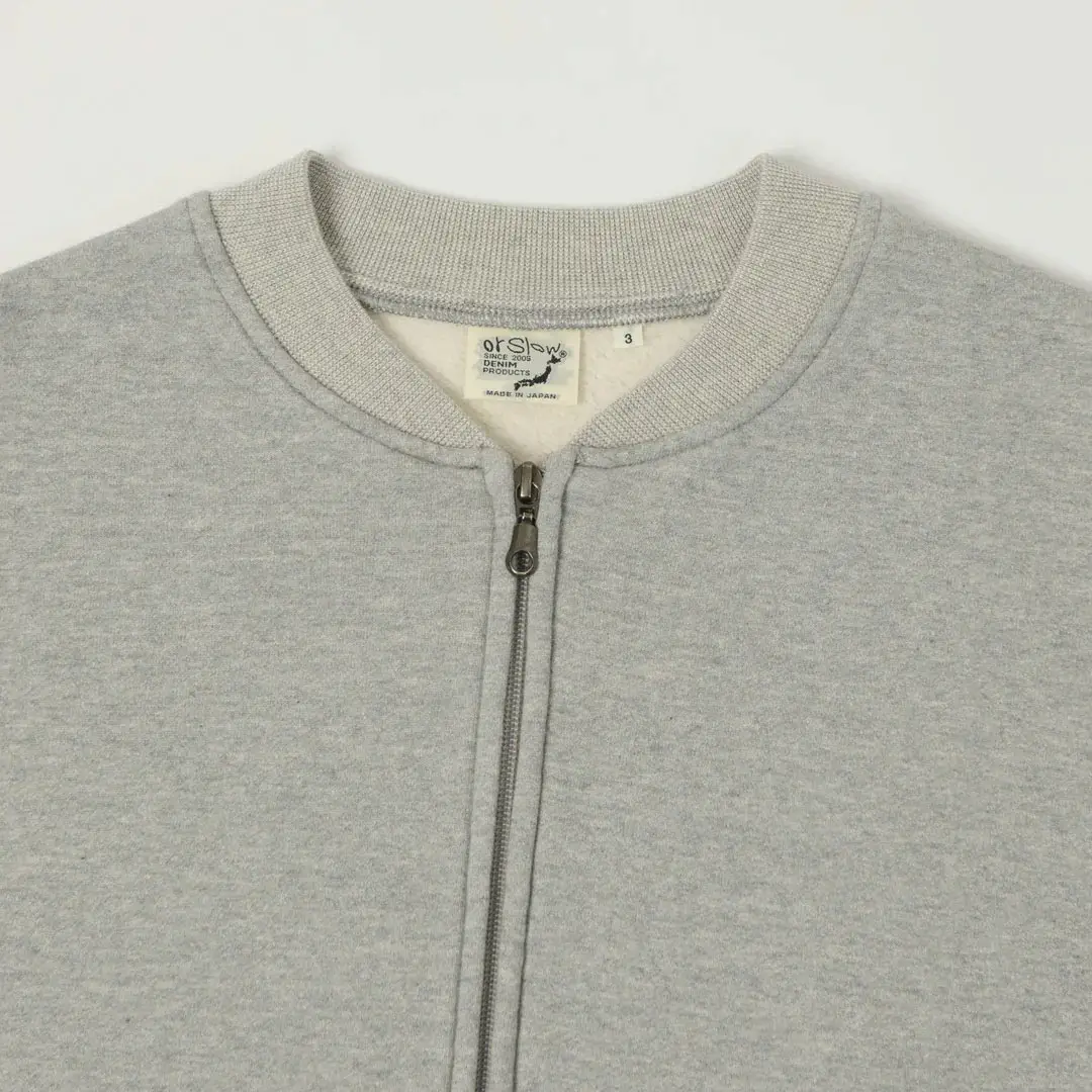 orSlow Zip Through Heavyweight Sweatshirt - Heather Grey Front Zip